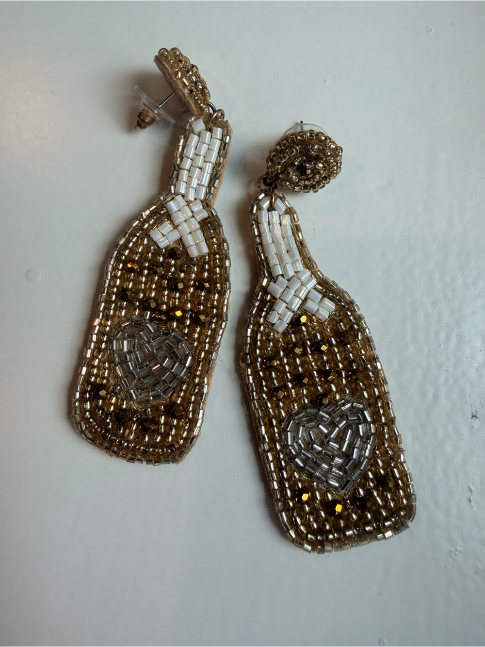Beaded Champagne Bottle Earrings with Heart Accent, Gold